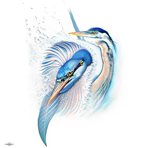 A blue heron feather curving downwards over a splashing pinook fish that is also curving upwards. realistic tattoo design idea