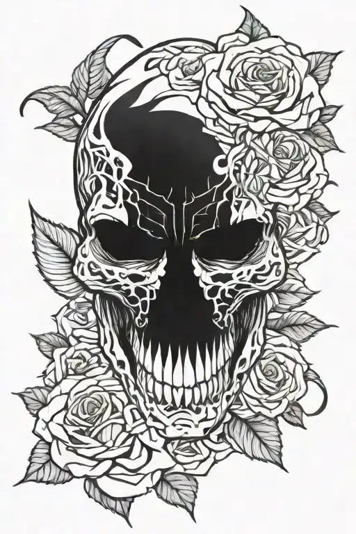 venom snake twisted in skull with roses intertwined tattoo design idea