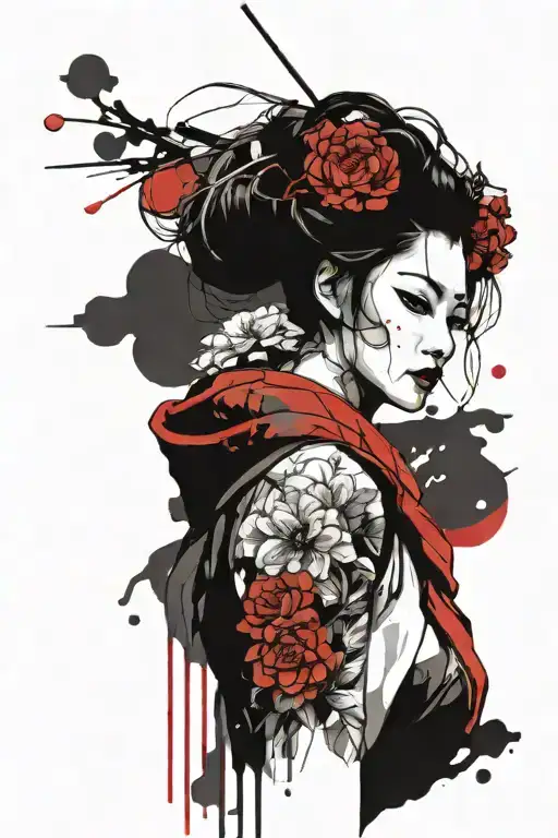 geisha holding a bouquet tattoo design idea