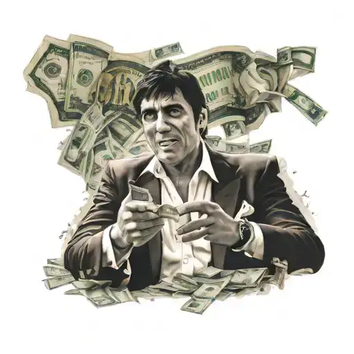 tony montana throwing money on the ground looking tattoo design idea