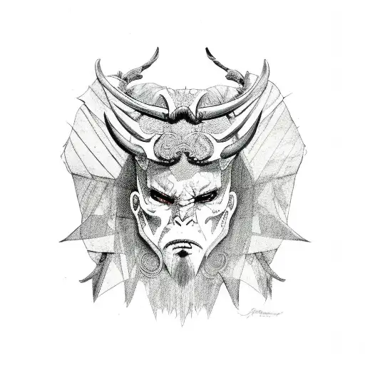 A demon with a cloak made of animal skins, representing different historical periods tattoo design idea