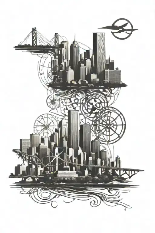 A detailed tattoo featuring the skyline of Dallas intertwined with symbols representing each of the other cities tattoo design idea