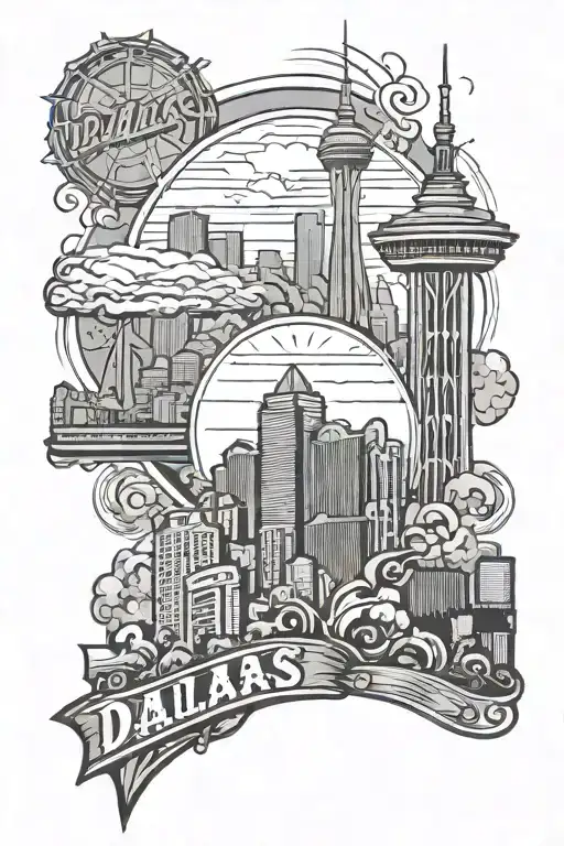Create a tattoo featuring a silhouette of the Dallas skyline with the Daegu tower in the background, incorporating elements of the Las Vegas sign and the Alamo tattoo design idea