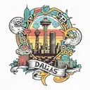 A colorful and vibrant neotraditional tattoo featuring a mashup of the Dallas skyline and landmarks from Daegu, El Paso, Fayetteville, and San Antonio tattoo design idea