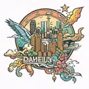 A colorful and vibrant neotraditional tattoo featuring a mashup of the Dallas skyline and landmarks from Daegu, El Paso, Fayetteville, and San Antonio tattoo design idea