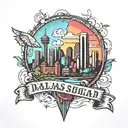 A colorful and vibrant neotraditional tattoo featuring a mashup of the Dallas skyline and landmarks from Daegu, El Paso, Fayetteville, and San Antonio tattoo design idea