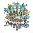A colorful and vibrant neotraditional tattoo featuring a mashup of the Dallas skyline and landmarks from Daegu, El Paso, Fayetteville, and San Antonio tattoo design idea