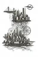 A detailed tattoo featuring the skyline of Dallas intertwined with symbols representing each of the other cities tattoo design idea