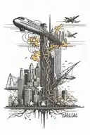 A detailed tattoo featuring the skyline of Dallas intertwined with symbols representing each of the other cities tattoo design idea