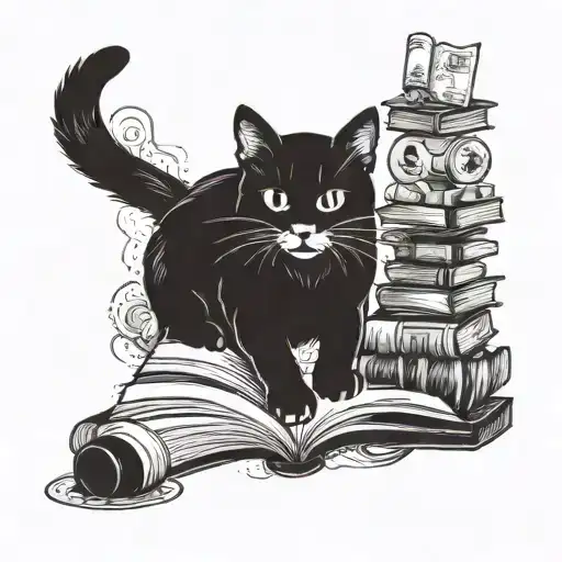 A cat perched on top of a mountain, with a book in its paws, surrounded by symbols of business and money grinding tattoo design idea