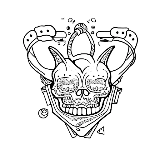 a cartoon cat inside of a skeletons rib cage tattoo design idea