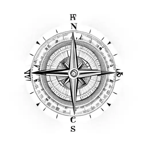 A tattoo of a geocaching compass with coordinates leading to different cities in a black-grey style tattoo design idea