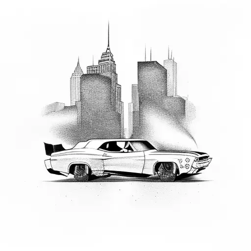 A tattoo of a muscle car racing through the streets of New York City in a blackwork style tattoo design idea