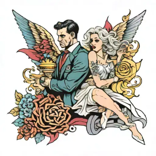A man saved by a woman from falling into temptation of bad women, vices and drugs tattoo design idea