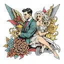 A man saved by a woman from falling into temptation of bad women, vices and drugs tattoo design idea