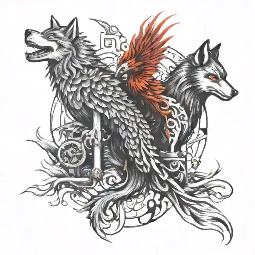 Phoenix and samurai and wolf tattoo design idea