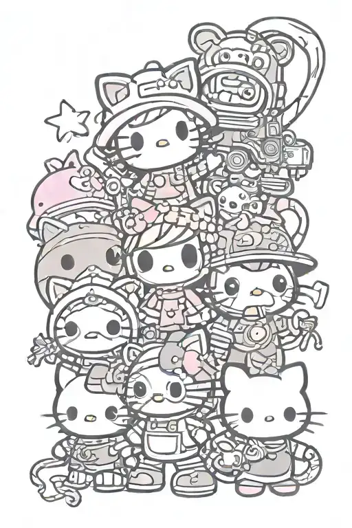  hello kitty in a pig costume, keroppi in a horse costume, and my melody in a monkey costume tattoo design idea