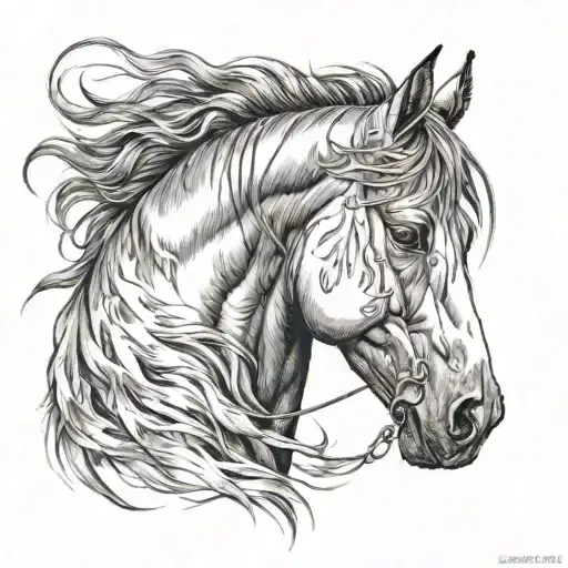 Head Horse with flowing mane with feathers falling tattoo design idea