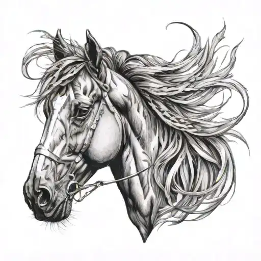 Horse with flowing mane with feathers falling tattoo design idea