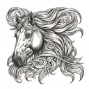 Head Horse with flowing mane with feathers falling tattoo design idea
