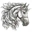 Head Horse with flowing mane with feathers falling tattoo design idea
