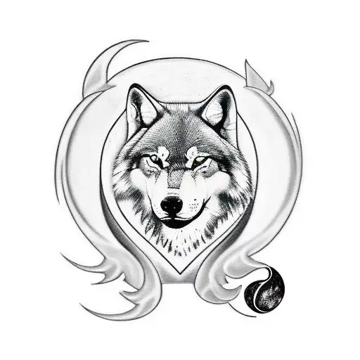 A tattoo design incorporating the Saint Benedict's medal, with a wolf and a moon symbolizing protection and guidance. tattoo design idea