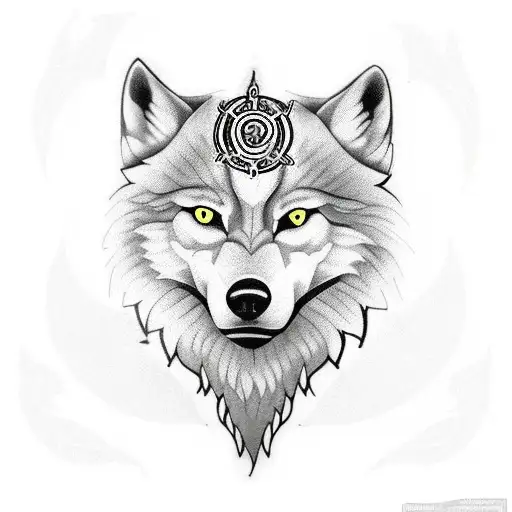 A tattoo design incorporating the Saint Benedict's medal, with a wolf and a moon symbolizing protection and guidance. tattoo design idea