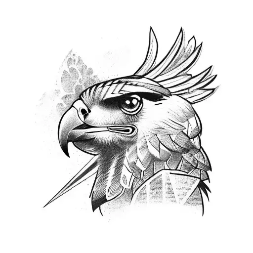 A fierce warrior in Maya attire with a hawk perched on their shoulder tattoo design idea