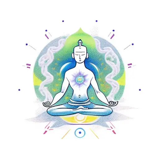 A minimalist tattoo of a serene meditating figure surrounded by nature and chakra symbols tattoo design idea
