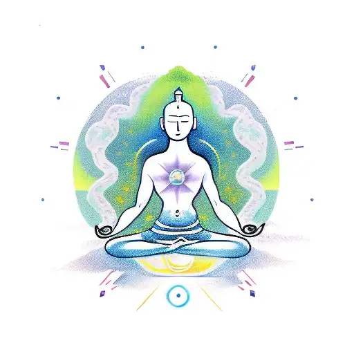 A minimalist tattoo of a serene meditating figure surrounded by nature and chakra symbols tattoo design idea