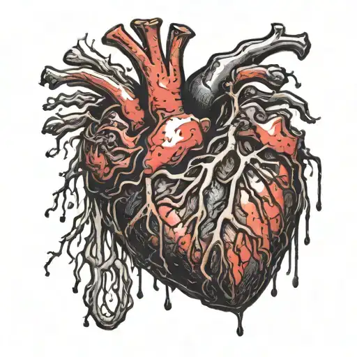 Realistic Human Heart dying and rotten dripping with blood viens torn hanging out black and bloody tattoo design idea
