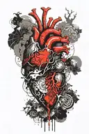 heart split vertically, one side of heart are storm clouds,, other side softer serene peace harmony tattoo design idea