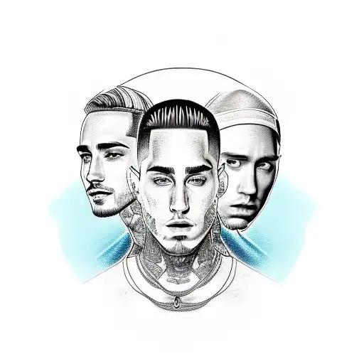 A realistic portrait of Maluma, Eminem, NF, and Feid, arranged in a circular design tattoo design idea