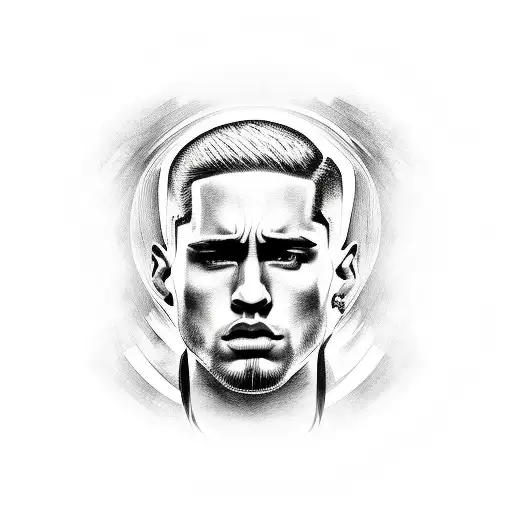 A realistic portrait of Maluma, Eminem, NF, and Feid, arranged in a circular design tattoo design idea