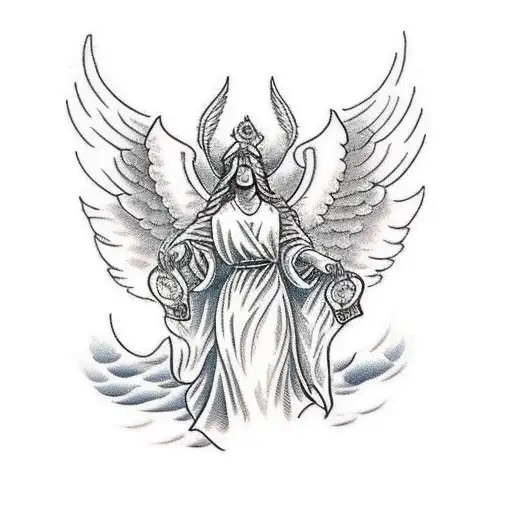 A traditional style tattoo of a guardian angel holding a banner with the phrase 'I will carry you with me til I see you again' tattoo design idea