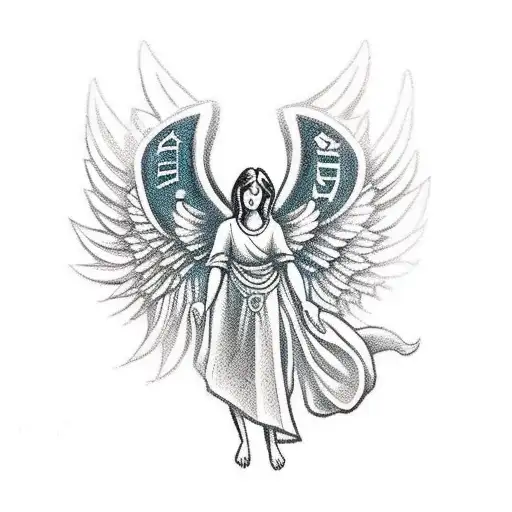 A traditional style tattoo of a guardian angel holding a banner with the phrase 'I will carry you with me til I see you again' tattoo design idea