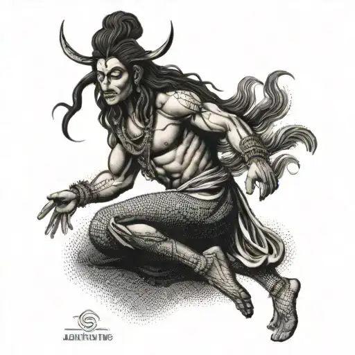 A dotwork tattoo of Lord Shiva in a dynamic pose, with quotes about perseverance and resilience incorporated into the design tattoo design idea