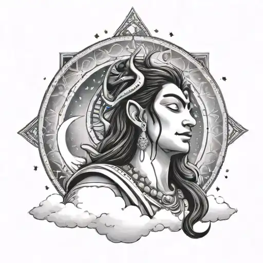 A black-grey tattoo of a dreamer gazing up at the stars with a small image of Lord Shiva meditating in the sky tattoo design idea