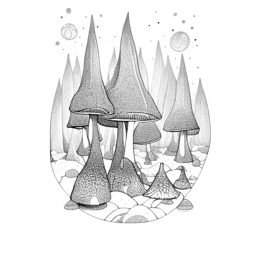 A psychedelic mushroom forest with elves playing instruments tattoo design idea