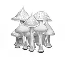 A psychedelic mushroom forest with elves playing instruments tattoo design idea