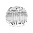 A psychedelic mushroom forest with elves playing instruments tattoo design idea