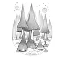 A psychedelic mushroom forest with elves playing instruments tattoo design idea