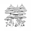 A psychedelic mushroom forest with elves playing instruments tattoo design idea