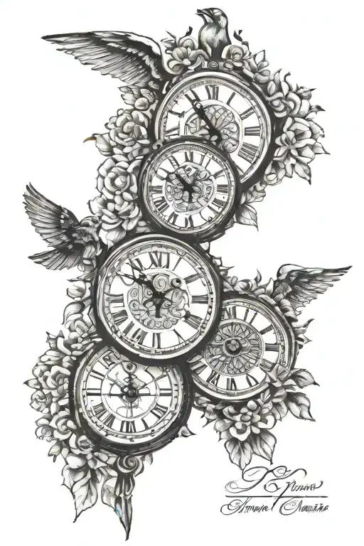 Three Roman numeral clocks in one tattoo with the following times: 11:18 am, 2:25 pm, and 4:55 pm tattoo design idea