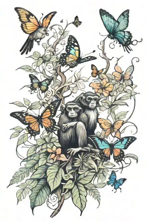 realistic rainforest with monkeys and butterflies flying and fluttering have some sad meaning in it  tattoo design idea