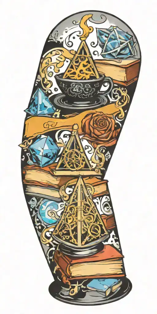 felix potion, deathly hallows, goblet of fire, books, chocolate frog tattoo design idea
