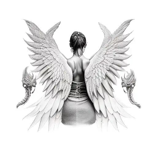 create an image of a figure with one Angel wing and one demon wing tattoo design idea