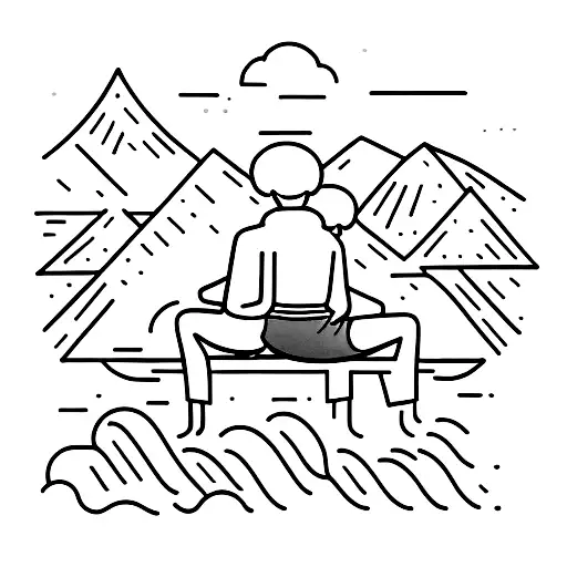 man and woman sitting on a boat, the woman is leaning her head on the man, there is a little bit of water some mountains tattoo design idea