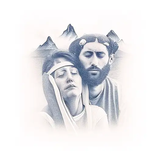 man and woman sitting on a boat, the woman is leaning her head on the man, there is a little bit of water some mountains tattoo design idea