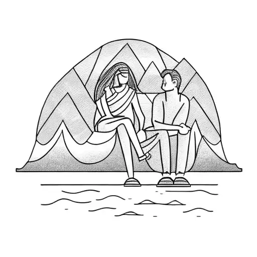 man and woman sitting on a boat, the woman is leaning her head on the man, there is a little bit of water some mountains tattoo design idea